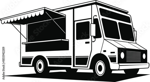 Professional Black and White Food Truck Vector Illustration Featuring an Open Service Window and Awning