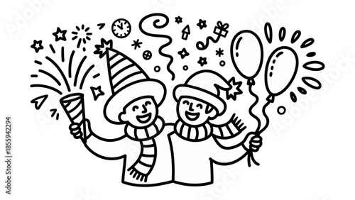 Celebratory Embrace: Two joyful individuals, adorned in festive attire and surrounded by celebratory elements, share a warm embrace, symbolizing togetherness and shared happiness.