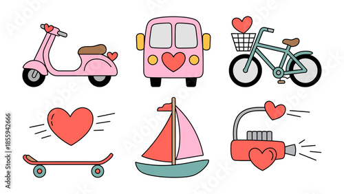 Love is in the Air: An illustration showcases various modes of transportation and symbol of love, from a charming scooter to a spirited sailboat.
