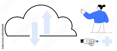 Cloud storage, healthcare, data transfer, digital services, telemedicine, innovation. Cloud with up and down arrows, person pointing medical cross icon. Cloud storage and healthcare