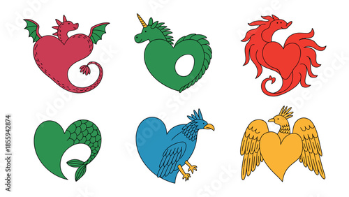 Heart-Shaped Creatures: A whimsical ensemble of six heart-shaped mythical creatures, each uniquely designed, offering a charming representation of fantasy and creativity.