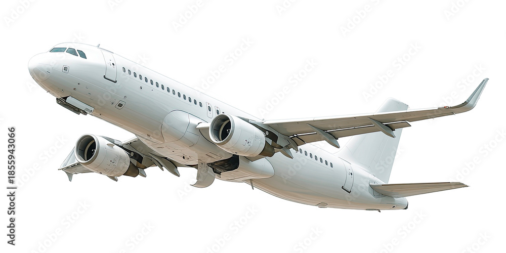 Obraz premium White Commercial Airplane in Flight with Engines Visible Isolated on Transparent Background