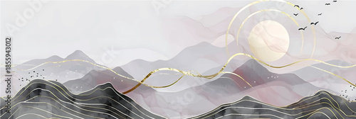 Mountain and golden line arts background vector