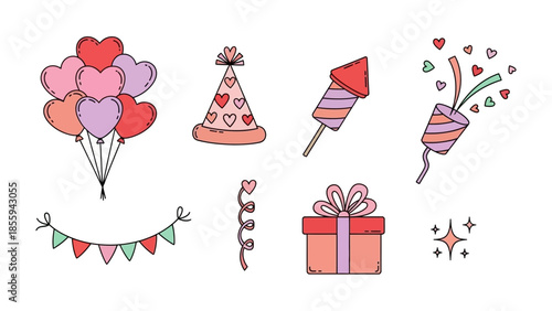 Festive Essentials: A collection of celebratory icons, including balloons, party hats, fireworks, confetti, gift, and garlands, conveys a sense of anticipation and excitement.