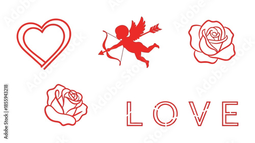 Love Icons: A charming collection of love-themed icons, featuring a heart, a cupid with a bow and arrow, and blooming roses, forming a delightful visual expression.