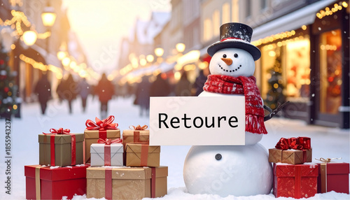 snowman in a city with gifts holding an sign text Retoure