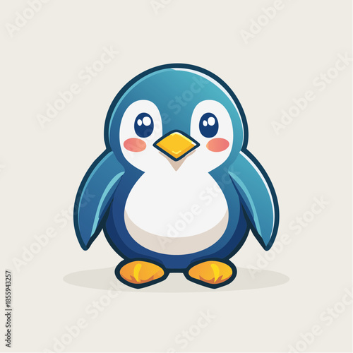 Cute cartoon penguin with big eyes and rosy cheeks standing on a light background.