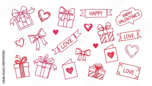 Valentine's Day Doodle Collection: A charming collection of hand-drawn gift boxes, hearts, and romantic banners, perfect for expressing love and affection. 
