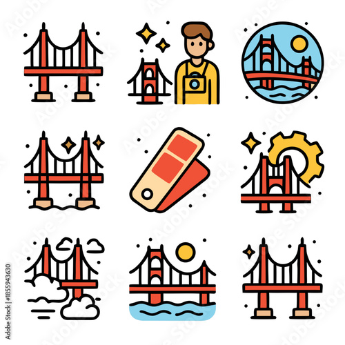 Golden gate bridge several icons depict this landmark alongside a person and color swatches.