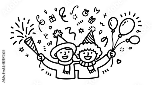 Friendship and Festive Fun: Two friends radiate pure joy as they celebrate a special occasion together, surrounded by confetti, balloons, and the magic of friendship. 