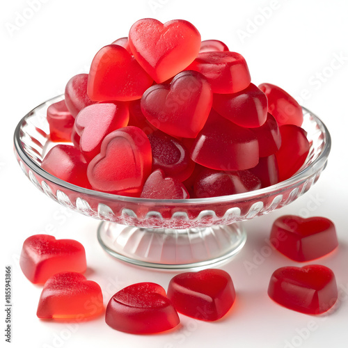 A bowl of heart-shaped red gummies on a white background