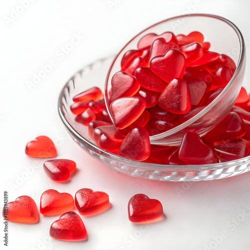A glass bowl filled with red heart-shaped candies on a white surface