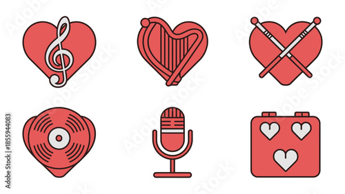 Musical Hearts: A collection of heart-shaped illustrations each adorned with musical elements, representing the love for music. 