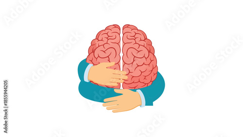Human Brain Hugging Itself Illustration, Concept of Self-Love, Mental Health Awareness, Psychological Care, and Emotional Wellbeing