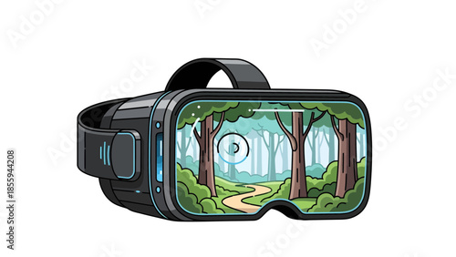 Virtual Reality VR Headset Illustration with Nature Forest Landscape on Screen, Metaverse and Digital Travel Concept