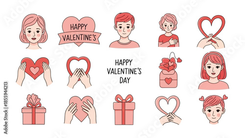 Valentine's Day Icon Set: a set of whimsical Valentine's Day icons, each embodying the spirit of love and affection. Featuring hearts, gifts, and charming depictions. 