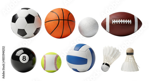 Collection of various sports balls and equipment isolated on transparent background