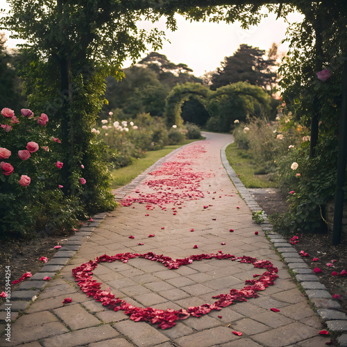 A romantic garden pathway with a heart made of rose petals