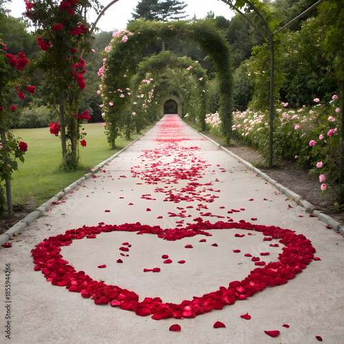 A romantic garden pathway decorated with rose petals in a heart shape