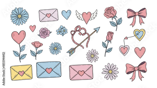 Valentine's Day Icon: Collection of romantic elements featuring hearts, roses, bows, and love letters. This curated collection encapsulates the essence of love and romance.