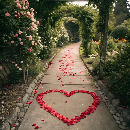 A romantic garden pathway with a heart made of rose petals