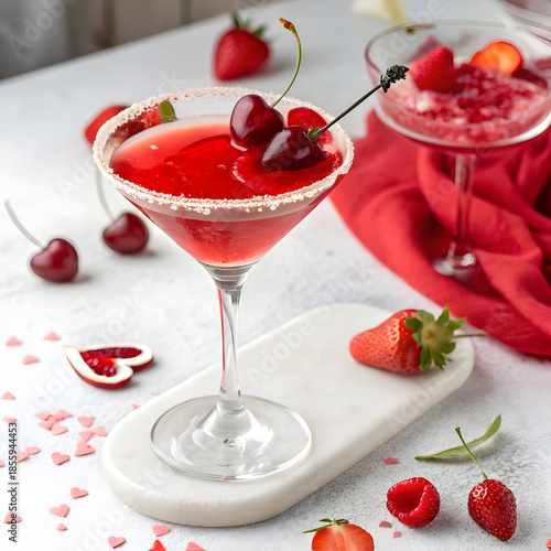 A beautifully garnished martini glass filled with a vibrant red cocktail