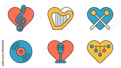 Musical Heart Icon Set: Vibrant collection of heart-shaped icons, each representing a different aspect of music, perfectly capturing the essence of music's diverse instruments.