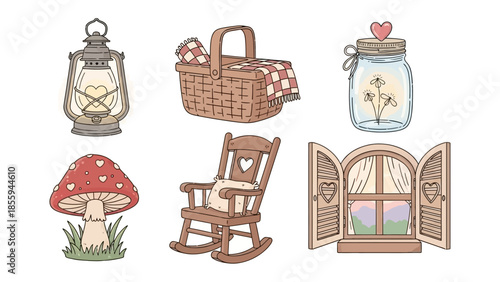A Rustic Cozy Scene: A collection of charming, hand-drawn illustrations that evokes a sense of warmth and tranquility. It shows items like a lantern, picnic basket, jar, mushroom, rocking chair.