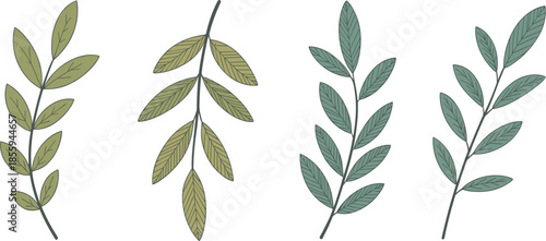 Colorful Hand-Drawn Botanical Branch Vector Illustration Set Featuring Various Green and Yellow Leaf Sprig Designs