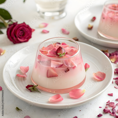 A beautifully presented dessert with rose petals on a white plate