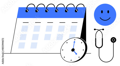 Appointment scheduling. Calendar, clock, stethoscope, and happy face depict appointment scheduling for health, wellness, and routines. Appointment organization helps manage time effectively