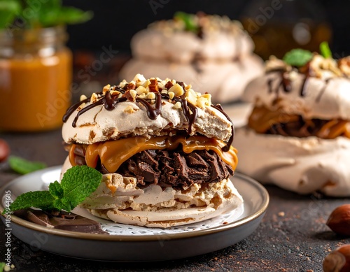 Close-up of a meringue dessert layered with chocolate, caramel, nuts, and a sprig of mint on a plate, with two more desserts in the blurred background