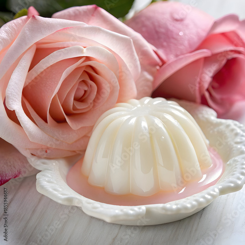 A delicate white dessert surrounded by pink roses on a plate