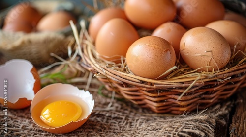 Basket of Fresh Farm Eggs with One Cracked Egg Showing Yolk
