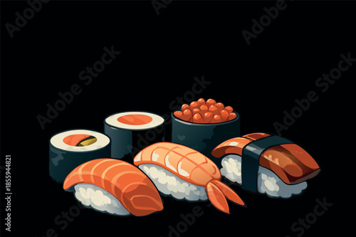 Japanese Sushi Set with Nigiri and Rolls Illustration