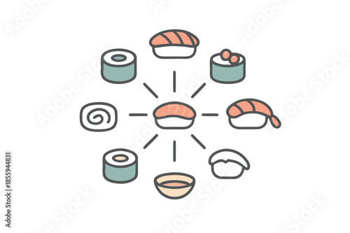 Sushi Food Icon Diagram Set in Minimal Flat Style