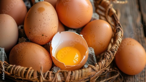 Basket of Fresh Farm Eggs with One Cracked Egg Showing Yolk
