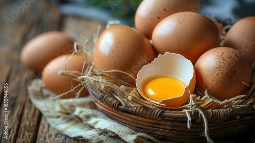 Basket of Fresh Farm Eggs with One Cracked Egg Showing Yolk
