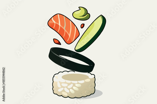 Exploded Nigiri Sushi with Salmon and Rice Illustration