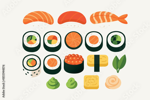 Large Sushi Set with Rolls Nigiri and Ingredients Illustration