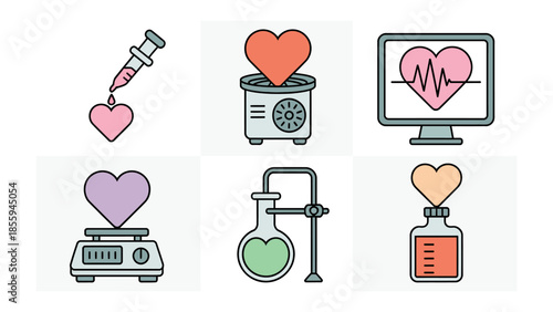 Healthy Heart: A collection of heart-related medical illustrations, showcasing concepts like injections, lab equipment, and monitoring, representing health, medicine, and care.