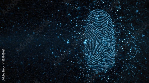 The blue digital fingerprint, created from light particles and a network of lines, represents biometric security, identity verification, data protection, and advanced digital security technology.