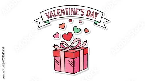 Valentine's Day Gift of Love: A delightful illustration of a gift box adorned with a ribbon, heart symbols and a Valentine's day banner, perfect for expressing love and affection.