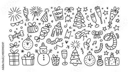 New Year Celebration Doodle: A collection of festive doodles comes together, hand-drawn to capture the spirit of new year, with fireworks, gifts, and champagne glasses.