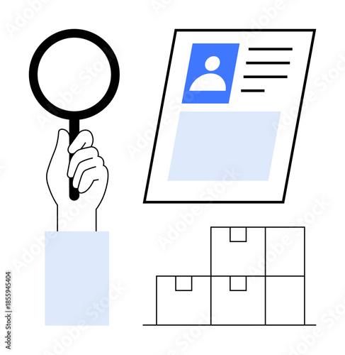 Document verification. A magnifying glass examines a profile document alongside stacked boxes, document verification, data analysis, and warehouse management. For logistics, identity verification