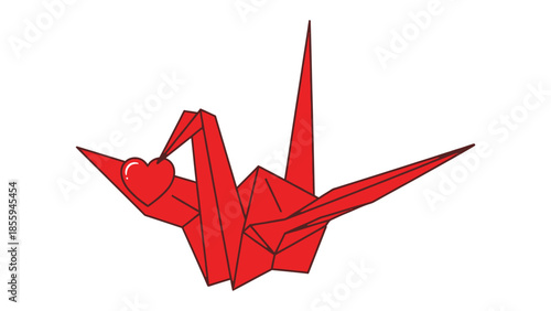 Origami Love Bird: A meticulously crafted red origami bird tenderly holds a heart, symbolizing the beauty of affection and artistic expression. A representation of both art and emotion.