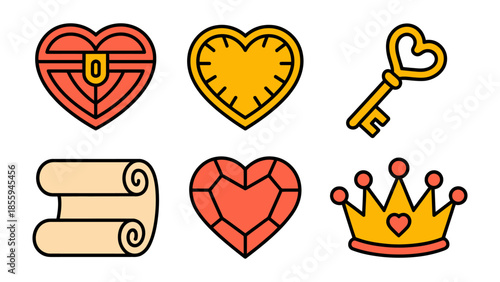 Heart themed Icons: Collection of heart-themed icons with varied designs, a symbol of romance and love. A treasure chest, key, crown, and scrolls, and gemstones enhance the aesthetic