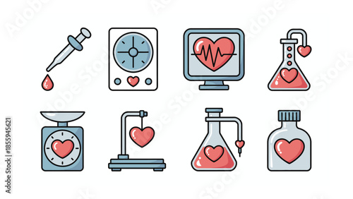 Medical Equipment & Health Icon Set: A vibrant collection of health icons symbolizing the essence of healthcare and well-being. This set visually encapsulates medical devices and health indicators.