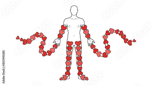 Embracing Emotion: Artistic rendition of human form intertwined with interconnected hearts, symbolizing affection and love. 