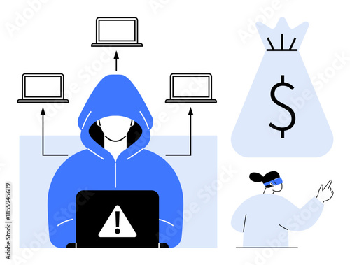 Hacker accessing a laptop with alert symbol, networked devices, financial target, user data access. Ideal for cybercrime awareness, online security, data protection, fraud prevention, cybersecurity
